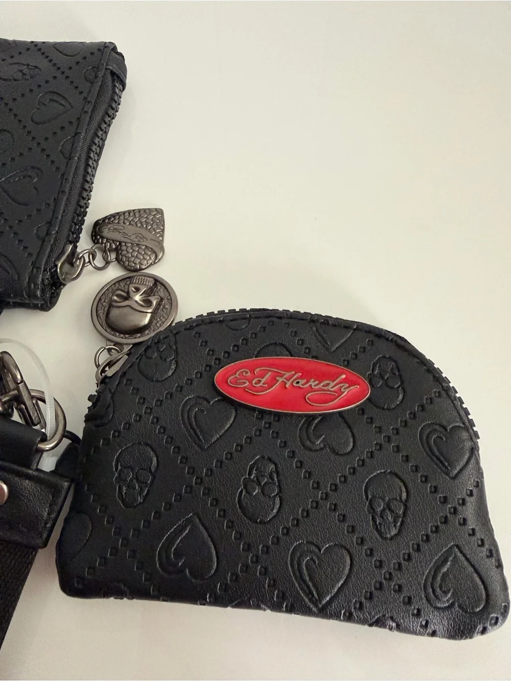 Ed Hardy Black Faux Leather Detachable Wristlet Keychain Pouch Hearts Skulls